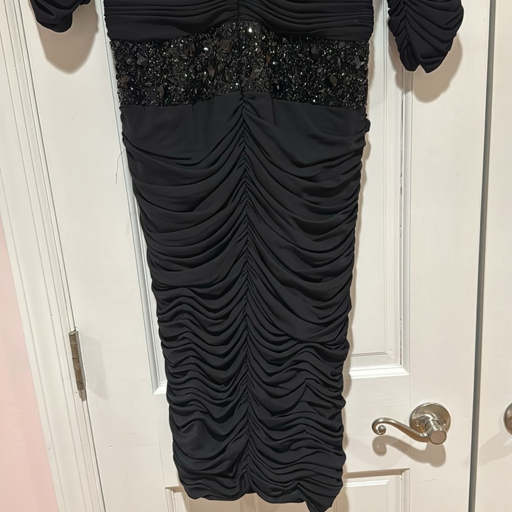 Tea Length Ruched Black Dress - Picture 5 of 5